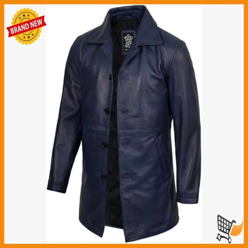 Men's Vintage Long Leather Jacket Lambskin Wind-Resistant Button Closure